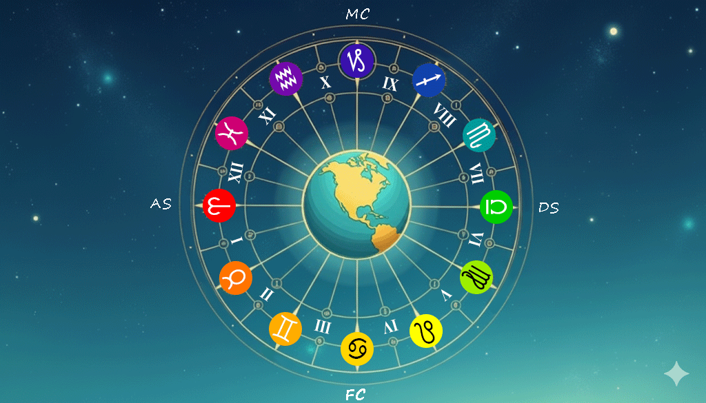Roue astrologique complète montrant les 12 signes du zodiaque et les 12 maisons.