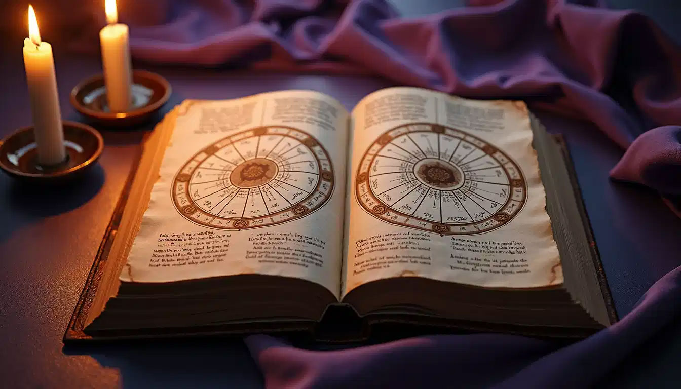 Livre ouvert sur deux roues astrologiques — synastrie