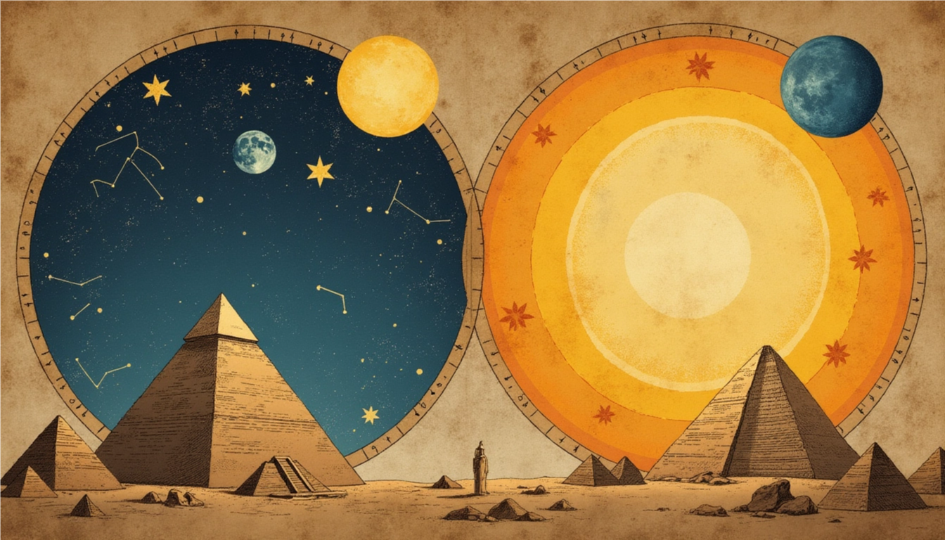 Illustration artistique d'un calendrier céleste ancien, montrant la dualité du Soleil et de la Lune au-dessus des pyramides égyptiennes.