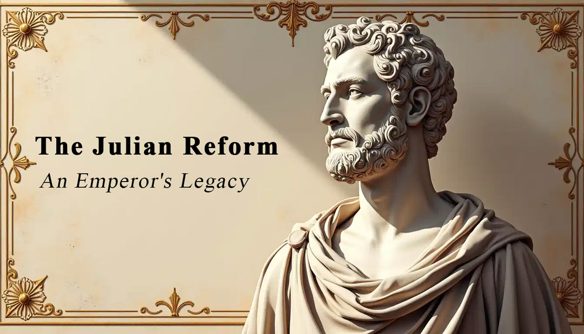 Illustration stylisée d’un buste en marbre de Jules César devant un mur antique clair orné de fresques et fissures.